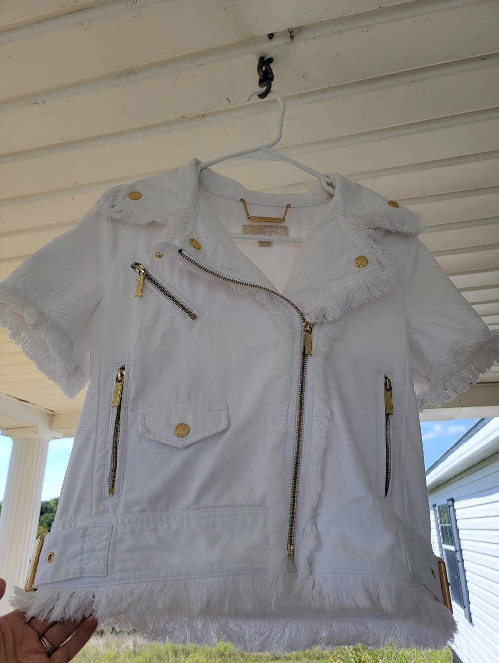 Michael Kors White Short-Sleeve Frayed Moto Denim Jacket Sz M MSRP $175.00 - Picture 11 of 11